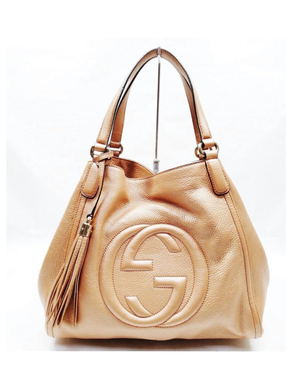 Authentic Gucci Soho Metallic Rose Gold Leather Tote Bag Tassel Shoulder Bag - Picture 2 of 16